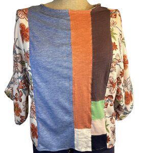 The Lisa Womens Size Medium Boxy Patchwork Top Blue Pink Floral Retro Oversize
